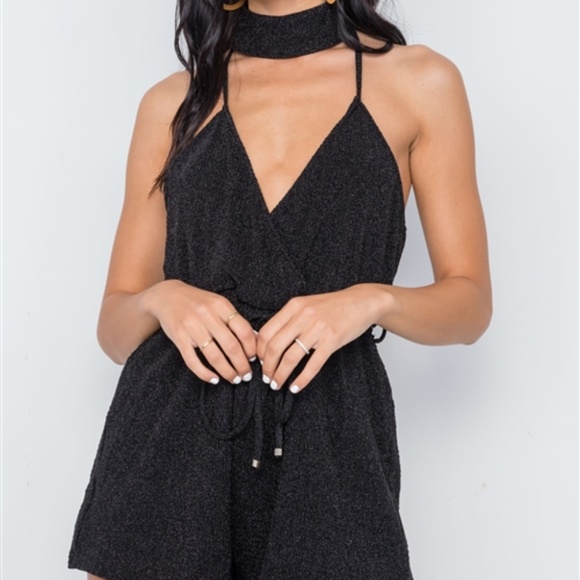 BLACK MOCK NECK CAMI EVENING ROMPER - Picture 2 of 6